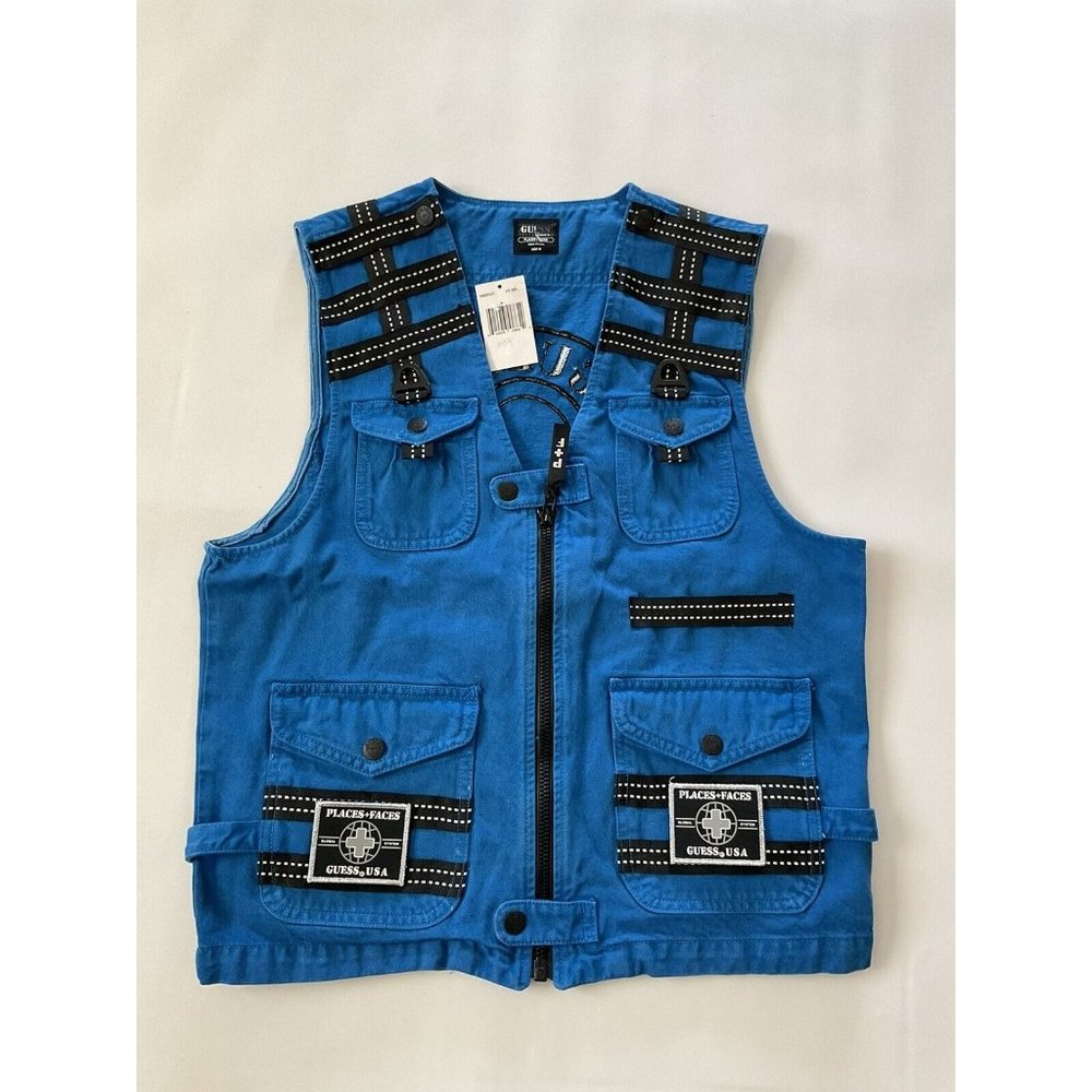 Guess men’s denim blue vest multi pockets / patched with reflectve trim size S